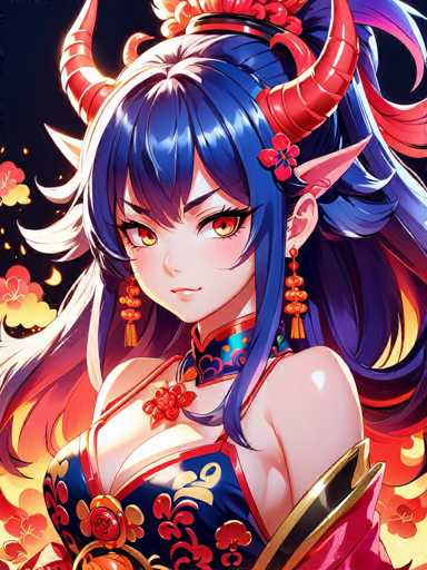 This image features a striking anime-style female character with a captivating appearance. She has long, flowing blue hair adorned with red horns that curve upwards from the sides of her head. Her eyes are a mesmerizing blend of yellow and red, and her pointed ears add to her otherworldly allure. She is dressed in a blue top with red accents, which is complemented by a red and gold collar around her neck. Her ensemble is completed with red earrings that dangle elegantly. The background is a deep black, dotted with yellow and red flowers, and a crescent moon is visible in the top left corner, adding a touch of mystique to the scene.