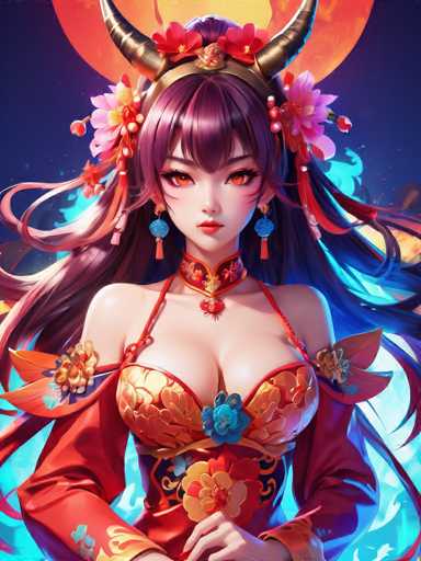 This image features a striking anime-style female character with long, flowing hair that transitions from a rich purple at the top to a vibrant red at the ends. She is adorned with a gold headband that has two prominent horns protruding from the sides, adding a regal touch to her appearance. Her eyes are a captivating orange, and she wears red lipstick that complements her bold look. 

Her attire is equally elaborate, consisting of a red choker necklace with a gold centerpiece, and a matching red dress that is intricately designed with gold floral patterns. The dress has thin straps that tie around her neck, and the bodice is decorated with a mix of red, blue, and yellow flowers, enhancing the overall elegance of her outfit. 

The background is a deep blue, almost black, with a large, glowing orange moon that adds a mystical ambiance to the scene. The character's hair is further embellished with flowers and beads, with some strands flowing down her back, creating a dynamic and visually engaging composition.