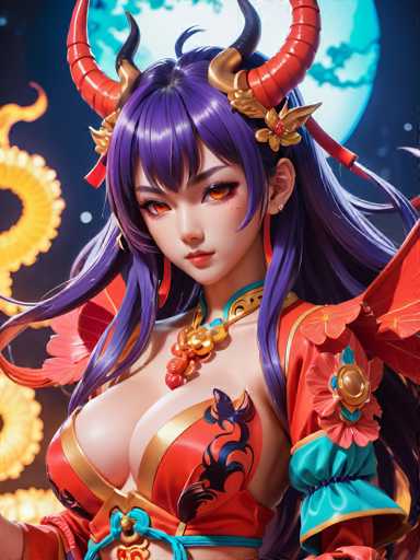 The image depicts a woman with long purple hair and red horns wearing an ornate costume that includes a headdress adorned with gold flowers and a necklace featuring a large pendant. The background features a full moon and a dragon-like creature, suggesting the scene is set in a fantastical or magical environment.