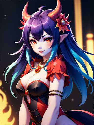 This image features a striking anime-style female character with long, flowing hair that transitions from purple at the top to blue at the bottom. She has a pale complexion and captivating orange eyes. Adorning her head are two prominent orange horns, and her hair is styled with a flower on the right side. The character is dressed in a revealing black and red outfit that accentuates her large bust and long, slender arms. She also wears a necklace with a red pendant and has two gold bangles on her left arm. The background is predominantly black, with a hint of flames in the bottom left corner and a few indistinct yellow lights in the top right. The overall composition is vertical, emphasizing the character's detailed and dynamic appearance.