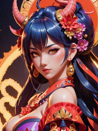 This image features a striking female character with long, flowing blue hair adorned with pink horns and a mix of pink and purple flowers. Her captivating orange eyes and pink lips add to her allure. She is dressed in a red outfit with a purple top, complemented by gold earrings. The background is a dark gray, almost black, with a yellowish-orange circle behind her, adding depth to the scene. The character's pose is slightly turned to the left, showcasing her detailed and vibrant appearance.