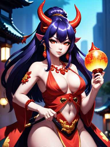 The image depicts a striking female character with long, flowing blue hair that cascades down her back. She has two prominent red horns protruding from the top of her head, adding to her fierce appearance. Her eyes are a captivating shade of orange, and she wears a red necklace adorned with small, circular ornaments. The character is dressed in a revealing red outfit that accentuates her large breasts and toned midriff. In her left hand, she holds a glowing orb that emits a warm yellow and orange light, while her right hand grips a black object with gold accents, possibly a weapon. The background features a blue sky and several buildings, including a structure with a distinctive blue roof and a yellow light. The overall scene is vibrant and dynamic, highlighting the character's powerful and mystical presence.