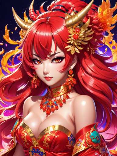 This image features a striking, computer-generated female character with long, flowing red hair adorned with two prominent gold horns. Her hair is intricately styled, with a flower positioned on the right side. She has captivating red eyes and wears a red necklace that complements her elaborate attire. Her outfit is a red dress with gold trim, and she has a matching red choker around her neck. The character's shoulders are bare, and she is wearing a red sleeve that extends from her elbow to her wrist. The background is a deep, dark blue, almost black, which accentuates the vivid colors of her attire and hair. The overall composition is square, with the character's head centered at the top and her body extending downward, filling the frame.
