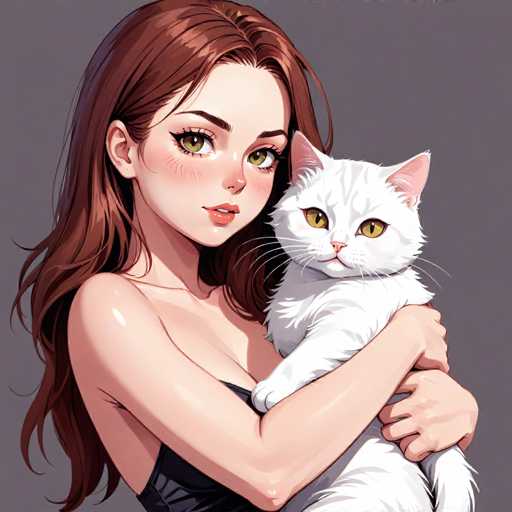This detailed illustration features a young woman with long, reddish-brown hair, dressed in a sleek black dress. She is holding a white cat with striking yellow eyes. The woman's hair is parted in the middle, and she has a delicate, fair complexion. Her eyes are accentuated with black eyeliner, and she has a subtle blush on her cheeks. The cat, held gently in her arms, has its paws resting on her shoulder. The background is a muted gray, which helps to highlight the vibrant colors of the woman and the cat. The overall composition is simple yet captivating, focusing on the intimate interaction between the woman and her feline companion.