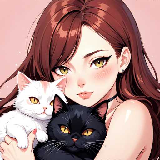 This detailed illustration features a young woman with long, dark brown hair that cascades down to her waist. Her hair is parted in the middle, with bangs framing her face. She has striking green eyes and a small, delicate nose. Her lips are adorned with a light pink lipstick, and she has a slight smile on her face. The woman is wearing a black choker around her neck and a sleeveless top, revealing her bare shoulders. She is holding two cats close to her chest. The cat on the left is white with a pinkish tint on its head, and it has yellow eyes. The cat on the right is black with yellow eyes and white whiskers. The woman's right hand is visible, with her thumb and forefinger painted red. The background of the image is a soft pink, adding a gentle and warm atmosphere to the scene.