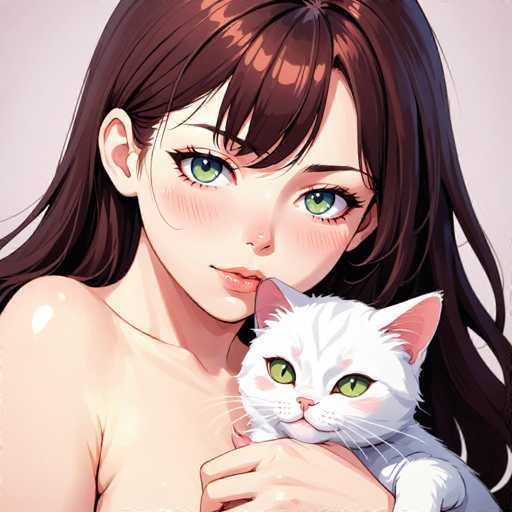 The image depicts a woman with long brown hair and green eyes holding a white cat. The woman is positioned on the left side of the frame, while the cat is located on the right side.