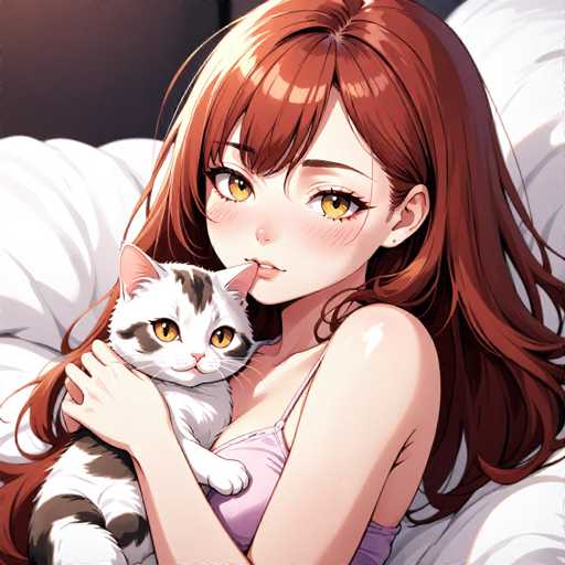 In this detailed anime-style illustration, a young woman with long, flowing red hair and bangs is depicted lying on a bed adorned with white pillows. She is wearing a light purple tank top and has a gentle smile on her face. Her large, expressive yellow eyes are directed towards the viewer, and her right hand is tenderly petting a cat nestled in her lap. The cat, which has a white coat with black stripes on its head and body, is looking up at her with striking yellow eyes. The woman's left hand is positioned behind the cat, adding to the sense of affectionate interaction. The background features a dark gray wall, providing a subtle contrast to the bright and cozy scene in the foreground.
