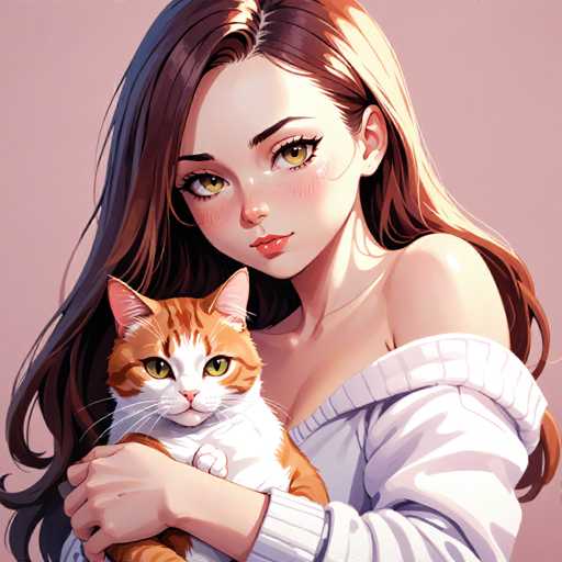 The image depicts a detailed, computer-generated illustration of a young woman with long, dark brown hair that cascades down to her waist. She has striking green eyes, a small nose, and pink lips. Her face is adorned with freckles, and she has a slight smile. She is wearing a white sweater that has slipped off her left shoulder, revealing a bit of her upper arm. In her arms, she cradles an orange and white cat, which has green eyes, a pink nose, and white whiskers. The cat's fur is a mix of orange and white, with a white chest and paws. The background of the image is a soft pink, adding a gentle contrast to the scene. The woman's right hand is visible, holding the cat close to her chest, while her left hand is not in view.