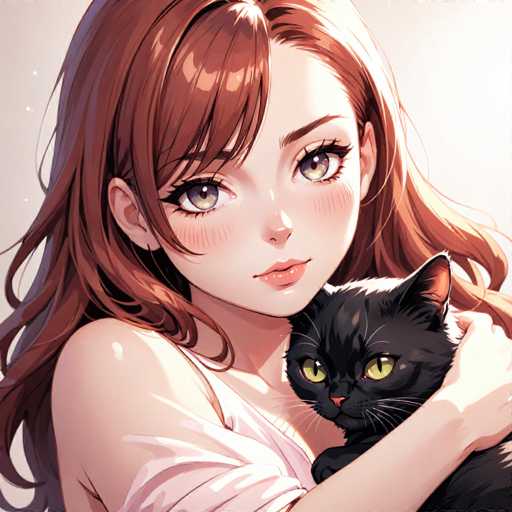 This detailed illustration depicts a young girl with long, wavy auburn hair, adorned with bangs that partially cover her large, expressive gray eyes. Her face is framed by a delicate, heart-shaped face, accentuated by a small button nose and full lips. She is dressed in a pink shirt, which appears to be slightly askew, revealing her bare shoulder. The girl is tenderly holding a black cat with striking green eyes, its ears perked up and its paws tucked under her arm. The background is a soft, light gray, with a subtle gradient that brightens towards the right, adding a gentle glow to the scene. The overall composition exudes a sense of warmth and affection between the girl and her feline companion.