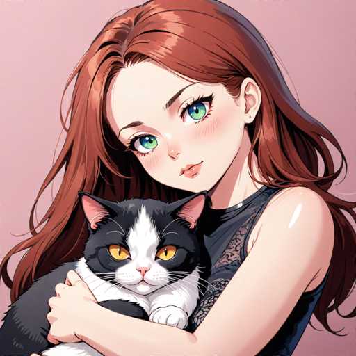 This image features a detailed drawing of a woman with long, flowing red hair that cascades down her back. She is wearing a black tank top adorned with intricate lace details. The woman has striking green eyes, accentuated by her eyelashes and a touch of red lipstick. Her expression is one of contentment as she gazes directly at the viewer. In her arms, she crircles a black and white cat, which has a white face and paws, and a black body. The cat's eyes are a vivid yellow, adding a touch of contrast to the scene. The woman's other hand is gently placed on the cat's back, emphasizing the affectionate bond between them. The background of the image is a soft pink, which complements the warm and cozy atmosphere of the drawing.