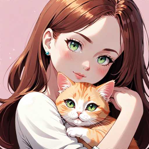 This detailed illustration, reminiscent of a comic book style, features a young woman with long, wavy brown hair and striking green eyes. She is wearing a white shirt and has a blue earring in her right ear. The woman is gently cradling an orange cat with distinctive brown stripes and green eyes, nestled against her chest. The cat's paws are tucked under its chin, and it looks directly at the viewer. The background is a soft pink, adorned with white dots that resemble stars, adding a whimsical touch to the scene. The woman's left hand is visible, resting on the cat's back, while her right hand is partially obscured by the cat's body. The overall composition exudes a sense of warmth and affection between the woman and her feline companion.