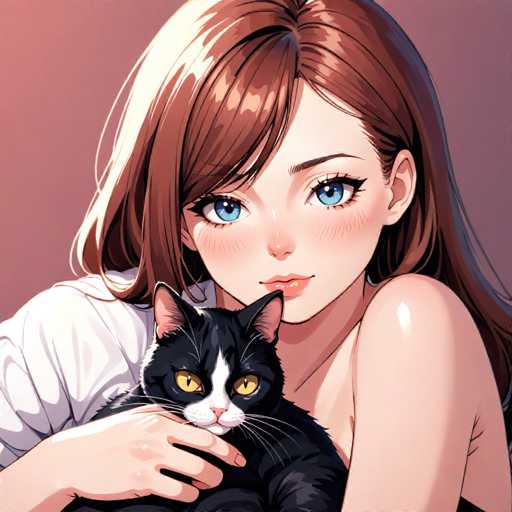 A woman with long brown hair and blue eyes is shown holding a black and white cat on her lap. The cat has striking yellow eyes that contrast against its dark fur. The background is a gradient of pinkish-orange hues, providing a warm and inviting atmosphere to the scene.