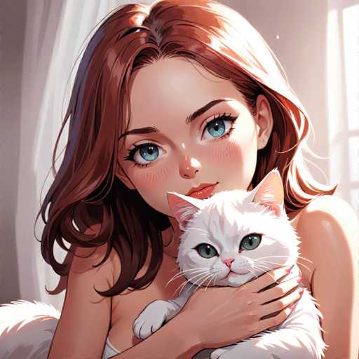 This detailed illustration depicts a young girl with shoulder-length brown hair, adorned with a white tank top. She is holding a white cat with striking green eyes, which gazes directly at the viewer. The girl's eyes are also green, and she has a small nose and pink lips. Her nails are painted pink, adding a touch of color to her appearance. The background features a white curtain, and the scene is illuminated by sunlight streaming in from the right side, casting a warm glow on the girl's face. The girl's expression is one of curiosity, as she looks towards the viewer. The overall composition is square, with the girl's head positioned at the top and her body extending downwards. The cat's tail is visible in the bottom left corner, while its front paws are nestled in the girl's arms. The girl's left arm is bent at the elbow, with her hand resting gently on the cat's chest, while her right arm cradles the cat's head.