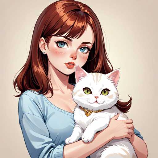 A woman with long brown hair is holding a white cat that has a gold collar around its neck and green eyes. The background is a light beige color.