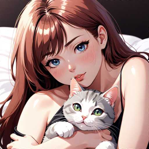 In this detailed anime-style illustration, a young woman with long, wavy brown hair and striking blue eyes is depicted holding a gray cat. She is wearing a black tank top and has a gentle, serene expression on her face. The cat, with its green eyes and pink nose, is nestled comfortably in her arms. The background is a simple black, which makes the characters stand out prominently. The woman's right hand is positioned under the cat's head, while her left hand supports the cat's body. The cat's front paws rest on her right wrist, and its back paws are tucked under her left arm. The overall composition captures a moment of quiet affection between the woman and her feline companion.