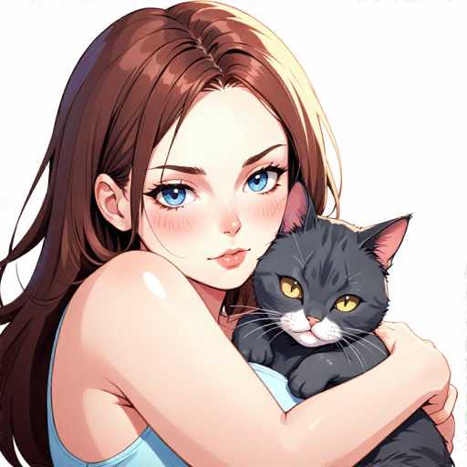 This detailed illustration features a young woman with long, dark brown hair, adorned with a single earring in her right ear. She is wearing a light blue tank top and has striking blue eyes, accentuated by her long eyelashes. Her lips are painted a soft pink, and she has a fair complexion. The woman is holding a gray cat with a white muzzle, pink nose, and yellow eyes. The cat's ears are pink on the inside, and it has white whiskers. The woman is cradling the cat close to her chest, with her right arm wrapped around it and her left hand gently placed on top of the cat. The background is a plain white, emphasizing the intimate and tender moment between the woman and her feline companion.
