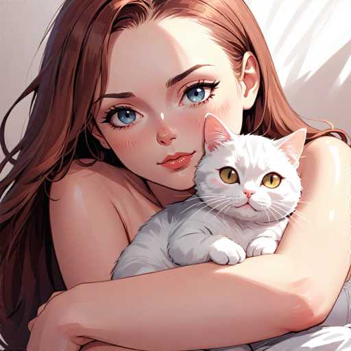 This image is a detailed, square-shaped, color illustration of a young woman holding a white cat. The woman, who has fair skin, is depicted with long, straight, brown hair that cascades down to her waist. Her expressive blue eyes are accentuated by long eyelashes, and she has a small, button-like nose. Her lips are slightly parted, revealing a hint of her teeth, and she has a slight blush on her cheeks. She is shown from the waist up, with her arms wrapped around the cat, her hands resting on her knees. The cat, with striking green eyes, is nestled in her embrace, its front paws visible. The background is a plain white, emphasizing the focus on the woman and the cat. The illustration style is reminiscent of a comic book, with a clean and vibrant aesthetic.