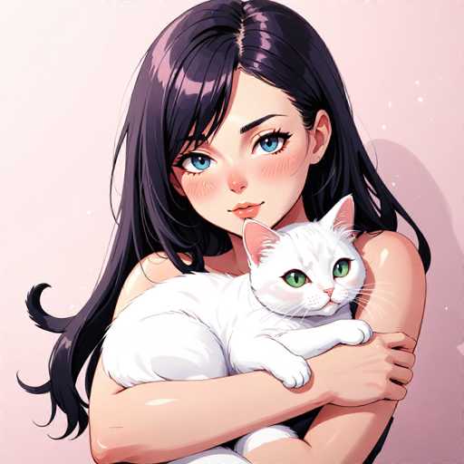 This detailed illustration depicts a young woman with long, dark hair and striking blue eyes, cradling a white cat with green eyes. The woman, who has a light complexion, is wearing a black shirt, though only the top of her shoulder is visible. Her hair cascades down her back, with a few strands playfully sticking up at the ends. The cat, nestled in her arms, has its front paws resting on her right arm, while she gently holds its back paws. The background is a soft pink, adorned with small white dots, adding a whimsical touch to the scene. The woman's face is framed by delicate whiskers, and her lips are painted a soft pink, complementing her overall gentle and serene expression.