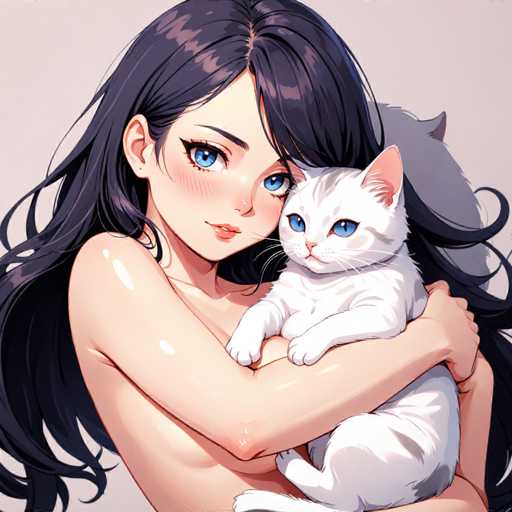 This image features a detailed drawing of a young woman with long, flowing black hair that cascades down to her waist. She has striking blue eyes and a fair complexion. The woman is depicted in a state of undress, with her arms crossed over her chest, concealing her breasts. Her face is adorned with a gentle blush, and she has a slight smile on her lips. In her arms, she cradles a white cat with blue eyes, which gazes back at her. The background is a soft, light gray, providing a subtle contrast to the vibrant colors of the woman and the cat. The overall composition captures a serene and intimate moment between the woman and her feline companion.