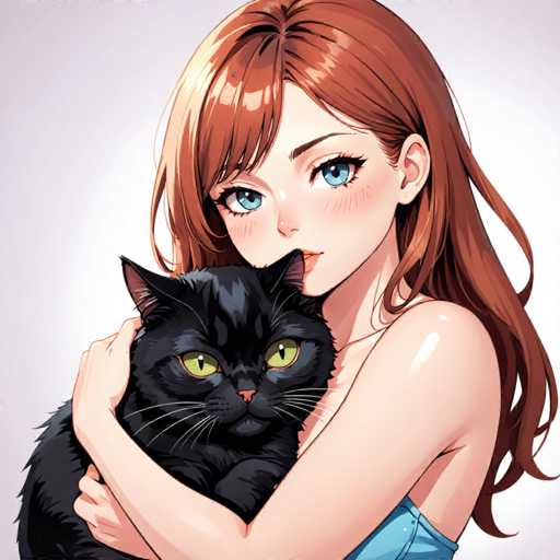 This detailed illustration depicts a young woman with long, flowing red hair and striking blue eyes, tenderly holding a black cat. The woman is dressed in a light blue top, which complements the cat's sleek, dark fur. The cat's piercing green eyes contrast beautifully with its black coat, and its pink nose and whiskers add a touch of realism. The woman's red hair cascades down her back, with bangs framing her face. Her expression is one of gentle affection as she gazes down at the cat, her lips slightly parted. The cat, in turn, looks up at her with a curious and somewhat mischievous expression, its head slightly tilted. The background is a soft, light gray, which allows the vibrant colors of the woman and the cat to stand out prominently. The overall composition captures a moment of serene connection between the woman and her feline companion.