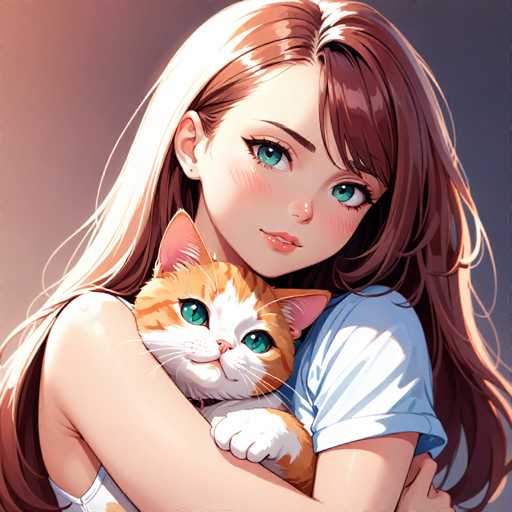 This detailed illustration depicts a young girl with long, flowing brown hair that cascades down to her waist. She has striking blue eyes and a fair complexion. The girl is wearing a white shirt, and her arms are wrapped around a cat. The cat, which has a predominantly orange coat with white markings on its face and paws, is looking directly at the viewer. The background of the image is a gradient of gray, transitioning from a darker shade on the right to a lighter hue on the left. The girl's gaze is directed towards the right side of the image, adding a sense of curiosity and engagement to the scene.