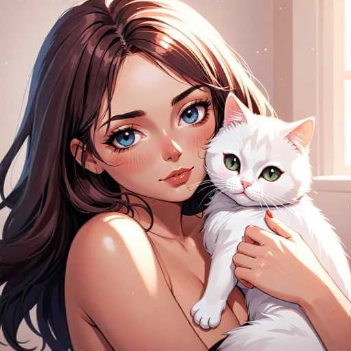 This image is a detailed, square-shaped, computer-generated illustration of a young woman holding a white cat. The woman, who has long, dark brown hair that cascades down to her waist, is depicted with a serene expression. Her large, blue eyes are accentuated by her long eyelashes and brown eyebrows. She has a small, button-shaped nose and full lips that are slightly parted, revealing a hint of her teeth. Her skin is fair, and she has a slight blush on her cheeks, adding to her youthful appearance. 

The woman is holding the white cat in her left arm, with her hand gently cradling the cat's chest. The cat, which has striking green eyes and a pink nose, is looking directly at the viewer. Its ears are perked up, and its whiskers are clearly visible. The cat's front paws are resting on the woman's arm, while its back paws are tucked under its body. The cat's tail is visible, adding to the overall composition of the image.

The background features a white wall with a window, through which light is streaming in, illuminating the scene. The window has a white frame, and the wall is painted a light gray color, providing a clean and simple backdrop that allows the focus to remain on the woman and the cat.