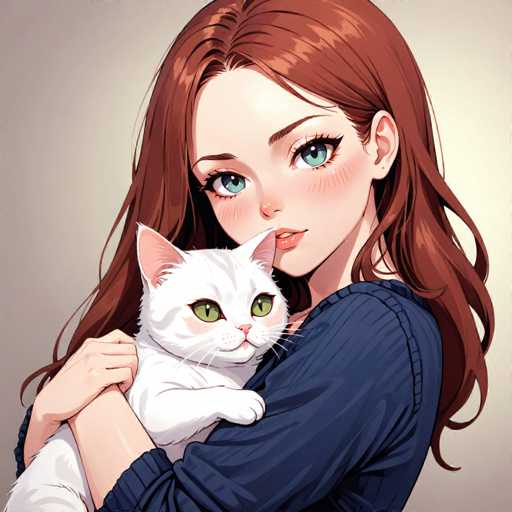 This detailed illustration features a young woman with long, wavy auburn hair, holding a white cat with striking green eyes. The woman, who has fair skin and large, expressive blue eyes, is depicted with a gentle smile, her lips slightly parted. She is wearing a blue sweater with the sleeves rolled up to her elbows, and her right hand is tenderly wrapped around the cat's back, while her left hand supports the cat's front paw. The cat, with its pink nose, white whiskers, and green eyes, gazes off to the right, adding a sense of curiosity to the scene. The background is a soft, light gray, which complements the warm and serene atmosphere of the image. The woman's face is slightly turned to the right, with her head tilted in the same direction, enhancing the intimate and affectionate mood of the illustration.