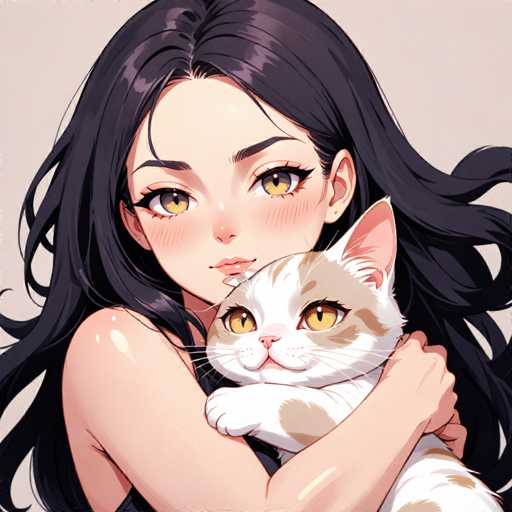 This detailed illustration features a young woman with long, flowing black hair that cascades down her back. She has striking yellow eyes and a small, delicate nose. Her lips are painted a soft pink, and she has a gentle smile on her face. The woman is wearing a black tank top, and her arms are wrapped around a white cat with brown spots. The cat, which has yellow eyes and a pink nose, is looking directly at the viewer. The woman's other hand is placed on top of the cat's head, and her fingers are tucked under the cat's chin. The background is a light gray, providing a subtle contrast to the vibrant colors of the woman and the cat. The overall composition captures a serene and affectionate moment between the woman and her feline companion.
