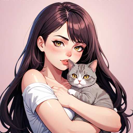 The image features a detailed drawing of a young woman with long, dark brown hair that cascades down to her waist. She has striking green eyes and is adorned with a subtle blush on her cheeks, giving her a soft, gentle expression. Her lips are slightly parted, revealing a hint of her teeth. She is dressed in a white shirt that has slipped off her right shoulder, adding a touch of casual elegance to her appearance. 

In her arms, she cradles a gray cat with distinctive black stripes running down its back. The cat's paws are white, and it has a pink nose and a small white patch on its chin. Its eyes are a vivid yellow, and it gazes directly at the viewer, creating a sense of connection. The background of the image is a light pink, which complements the overall soft and serene atmosphere of the drawing.