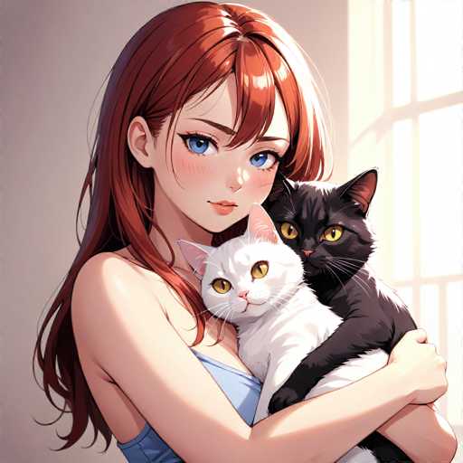 In this captivating image, a young girl with striking red hair and vivid blue eyes is seen holding two cats. Her hair cascades down her back, and she wears a light blue dress that complements her fair complexion. The girl's face is adorned with a gentle blush, adding a touch of innocence to her expression. She gazes directly at the camera, her arms wrapped lovingly around the two feline companions.

The cat on the left is predominantly white with a hint of gray on its head, and it has piercing yellow eyes. The cat on the right is mostly black with subtle gray markings on its head, also featuring yellow eyes. Both cats are nestled close to the girl, with the black cat resting its head on the white cat's back.

The background is a simple white wall, which contrasts with the bright light streaming in from the right side of the image. This light casts a warm glow on the girl's face and hair, highlighting the serene and affectionate moment shared between the girl and her cats.