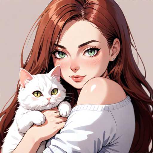 This image features a detailed, computer-generated drawing of a young woman with long, reddish-brown hair that cascades down to her waist. She has striking green eyes, a small button nose, and full lips. Her face is adorned with a slight blush, and she wears a single earring in her left ear. She is dressed in a white, off-the-shoulder sweater, with her left shoulder bare. The woman is holding a white cat with green eyes, which is looking directly at the viewer. The background is a light gray, and the overall style of the drawing is reminiscent of anime. The image is square in shape, and the woman's face is slightly turned to the left, with her body angled towards the right.