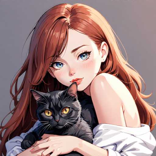 This image features a detailed, anime-style drawing of a young woman with long, flowing red hair and striking blue eyes. She is wearing a white shirt that has been pulled down over her shoulder, revealing her bare arm. The woman is holding a black cat with vivid yellow eyes, which gazes directly at the viewer. The cat's paws are visible, adding to the sense of interaction. The woman's expression is neutral, and she has a small earring in her left ear. The background is a plain gray, which helps to emphasize the characters in the foreground. The overall composition is square, with the woman and cat centrally positioned, creating a balanced and engaging scene.