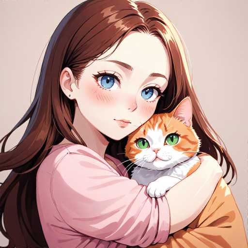 This detailed illustration features a young girl with long, flowing brown hair and striking blue eyes. She is wearing a pink shirt and has a gentle, serene expression on her face. The girl is holding a cat that has a white face with orange stripes, green eyes, and a pink nose. The cat's paws are white, and it is wearing an orange shirt. The background of the image is a soft beige color, which complements the warm and cozy atmosphere of the scene. The girl's hair is parted in the middle, and she appears to be looking directly at the viewer, creating a sense of connection. The overall composition is simple yet endearing, focusing on the tender moment between the girl and her feline companion.