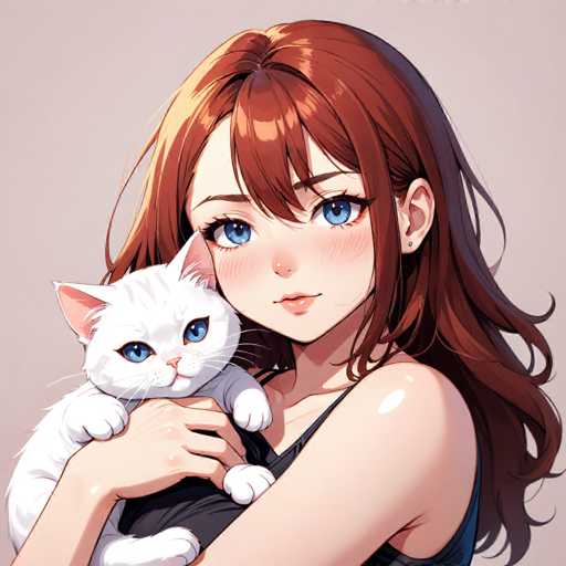 This image features a detailed drawing of a young girl with long, wavy brown hair that cascades down to her waist. She has striking blue eyes and a small, delicate nose. Her lips are painted a soft pink, and she has a gentle smile on her face. The girl is wearing a black tank top and is holding a white cat in her arms. The cat has blue eyes, pink ears, and a pink nose, and it looks directly at the viewer. The girl's hands are wrapped around the cat, with one hand on top of the other, cradling the cat comfortably. The background is a light gray, which makes the girl and the cat stand out prominently. The drawing captures the girl from her head down to her waist, and the cat is positioned in front of her, with its paws resting on her hands.