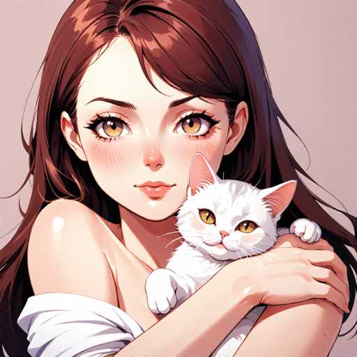 This detailed illustration depicts a young woman with long, dark brown hair that cascades down to her waist. She has striking brown eyes and a small, button-like nose. Her lips are painted a soft pink, and her cheeks are adorned with delicate lines that suggest a gentle blush. She is wearing a white shirt, which is pulled up to her shoulders, revealing her bare arms. In her arms, she cradles a white cat with a pink nose and yellow eyes. The cat's paws rest on her shoulder, and its head is nestled against her neck. The woman gazes directly at the viewer, exuding a sense of calm and connection. The background is a simple, light brown or gray, ensuring that the focus remains entirely on the tender moment between the woman and her feline companion.
