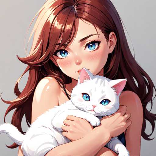 This detailed illustration features a young girl with long, wavy brown hair that cascades down to her waist. She has striking blue eyes and a small, button nose. Her expression is neutral, with her mouth closed, and she has a slight blush on her cheeks. The girl is wearing a black top, though it's mostly obscured by the cat she is holding. 

The cat, which is white with blue eyes, is nestled in her arms. It has pink ears, a pink nose, and white whiskers. The cat's tail is visible, extending out to the left side of the image. The girl's arms are wrapped around the cat, with her hands positioned just below its neck and near its back leg. The cat's front leg is resting on her right hand, while its back leg is on her left hand. The girl's left arm is slightly bent, and her right arm is straight. 

The background is a simple gray, which helps to emphasize the detailed and vibrant features of the girl and the cat.