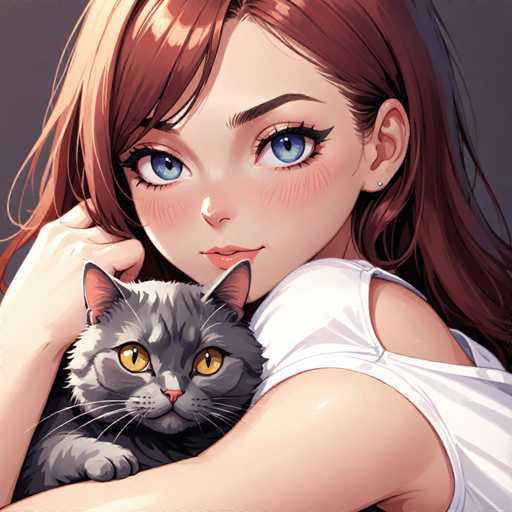 This detailed illustration features a young woman with long, reddish-brown hair, adorned with a small earring. She has striking blue eyes and is dressed in a white shirt, which she has pulled down slightly to reveal her shoulder. The woman is holding a gray cat with yellow eyes, which is looking directly at the viewer. The background is a simple gray, allowing the focus to remain on the woman and her feline companion. The image is devoid of any text, allowing the viewer to fully appreciate the intricate details of the artwork.