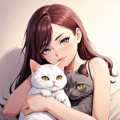 A woman with long brown hair is hugging two cats - one white and the other gray. The scene takes place against a light beige background.