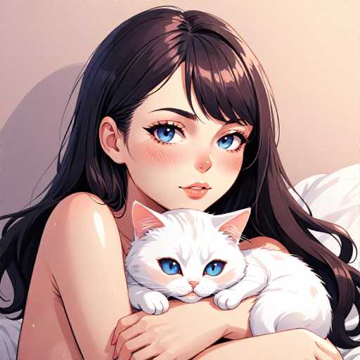 In this detailed anime-style illustration, a young woman with long, dark brown hair and striking blue eyes is depicted in a cozy, intimate setting. She is lying on a bed with white sheets, her body partially visible from the waist up, and her arms wrapped around a white cat with matching blue eyes. The woman's face, framed by her bangs that fall just above her eyes, is adorned with a subtle blush on her cheeks and a hint of pink on her lips. Her expression is serene and content, as she gazes directly at the viewer. The background features a soft, light pink wall, adding to the overall warmth and tranquility of the scene. The image is devoid of any text, allowing the viewer to fully immerse in the visual narrative.