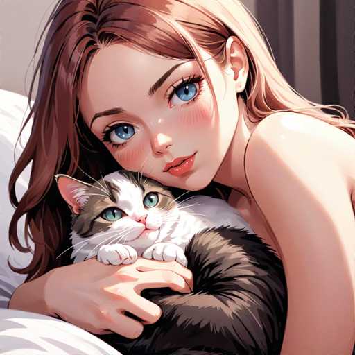 The image depicts a detailed, anime-style drawing of a young woman with long, wavy brown hair that cascades down to her shoulders. She has striking blue eyes, a small button nose, and pink lips. Her face is adorned with rosy cheeks, adding a touch of warmth to her expression. She is wearing a thin, sleeveless top that reveals her bare shoulders and arms. The woman is lying on a bed with white sheets, her head resting on a pillow. In her arms, she cradles a cat with a white face, chest, and paws, and brown fur covering the rest of its body. The cat's eyes are a vivid green, and it has a pink nose and mouth. The background features a gray wall with a darker gray section on the right side, adding depth to the scene. The overall composition captures a serene and intimate moment between the woman and her feline companion.