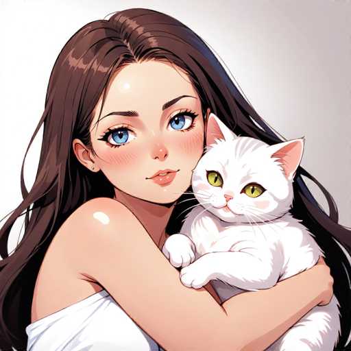 This image features a meticulously detailed, computer-generated drawing of a young woman with long, dark brown hair. She is depicted with a fair complexion and striking blue eyes, which are accentuated by her long eyelashes. Her hair is parted in the middle, and she has a slight smile on her face, revealing her pink lips and a small nose. Her right ear is adorned with a small earring, and her right shoulder is exposed, while her left shoulder is covered by a white sleeve. 

The woman is holding a white cat with green eyes, which is positioned on her left side. The cat's head is slightly turned towards the viewer, and it has a pink nose and pink ears. The background of the image is a gradient of gray, transitioning from a lighter gray on the left to a darker gray on the right. The overall composition of the image is square, with the woman's head centered and her body extending from the bottom of the frame.