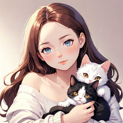 This detailed illustration depicts a young girl with long, dark brown hair that cascades down to her waist, styled with a middle part. Her hair is illuminated by sunlight, which highlights the left side of her face. She has large, expressive blue eyes, a small button nose, and a slight smile. Her cheeks are adorned with a rosy hue, adding to her youthful appearance. She is wearing a white, off-the-shoulder sweater that reveals her left shoulder.

In her arms, she cradles two cats. The first cat, nestled close to her chest, is predominantly black with a distinctive white stripe running down the middle of its face. It has striking yellow eyes and a pink nose. The second cat, perched on top of the black cat, is mostly white with a black nose and yellow eyes. This cat has a unique black patch on the top of its head and black ears. The girl's right hand gently supports the black cat's chin, while her left hand cradles the white cat. The background of the image is a soft, light gray, providing a gentle contrast to the vibrant colors of the girl and the cats.
