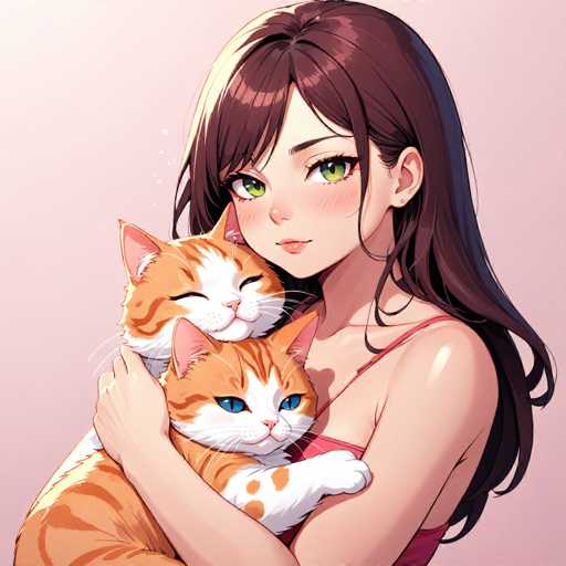 In this captivating anime-style illustration, a young woman with long, flowing brown hair and striking green eyes cradles two adorable orange cats. The woman, who has a fair complexion, is dressed in a pink tank top and her hair cascades down her back, with bangs softly framing her face. Her expression is one of gentle contentment as she gazes directly at the viewer.

The two cats she holds are equally enchanting. The first cat, nestled close to her face, has its eyes closed in a serene expression. Its fur is predominantly orange with distinctive white markings on its face, chest, and paws. The second cat, positioned lower in her arms, has its eyes open, revealing a pair of vibrant blue eyes. This cat's fur is also orange, adorned with white patches on its face, chest, and paws, and it has a charming pink nose.

The background of the image is a soft, light pink, which complements the warm and cozy atmosphere of the scene. The woman's arms are wrapped around the cats, creating a sense of warmth and affection. The overall composition is simple yet endearing, with the focus entirely on the woman and her feline companions.