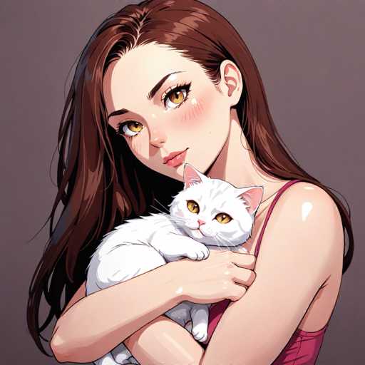 The image depicts a detailed, anime-style drawing of a young woman with long, dark brown hair that cascades down to her waist. She has large, expressive brown eyes, a small nose, and pink lips. Her cheeks are slightly flushed, adding to her delicate appearance. She is wearing a pink tank top and is holding a white cat with gray stripes on its head. The cat, which has striking yellow eyes and pink ears, is nestled in her arms, with its paws resting on her right hand. The woman is looking directly at the viewer, while the cat gazes off to the side. The background is a solid gray, providing a simple, unobtrusive backdrop that highlights the characters in the foreground.