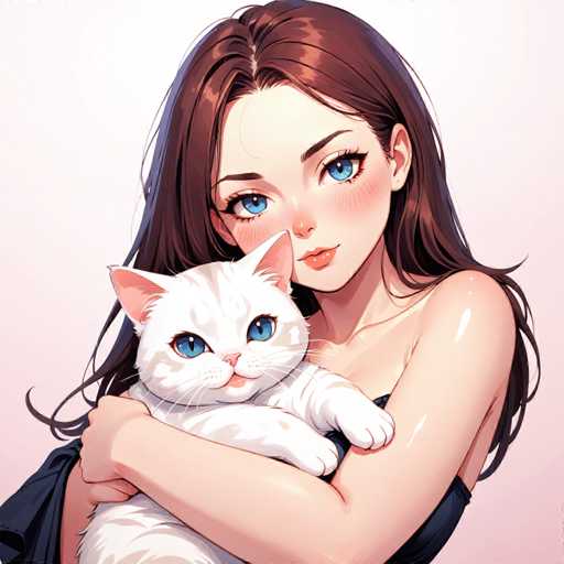 This detailed illustration features a young woman with long, dark brown hair that cascades down to her waist. She has striking blue eyes and a fair complexion, accentuated by a subtle blush on her cheeks. Her lips are painted a soft pink, and she has a delicate, pointed chin. She is dressed in a black top that leaves her shoulders bare, and she is holding a white cat with blue eyes. The cat's ears are pink, and it has a pink nose, adding to its charm. The woman is also wearing a black jacket, which she has draped over the cat. The background of the image is a light pink, providing a soft and harmonious backdrop to the scene.