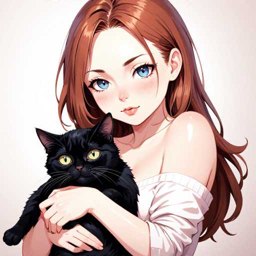 A woman with long brown hair and blue eyes is holding a black cat in her arms against a white background.