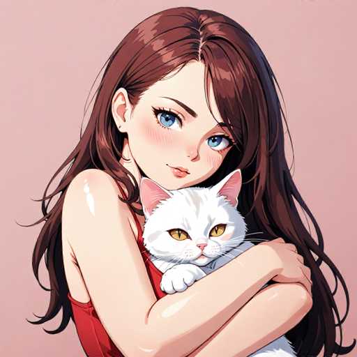 This detailed illustration features a young woman with long, dark brown hair, adorned with subtle highlights. Her hair cascades down her back, complementing her striking blue eyes and delicate features. She is dressed in a vibrant red tank top, which contrasts beautifully with her fair complexion. The woman is holding a white cat with striking yellow eyes, cradling it gently in her arms. The cat's ears are perked up, adding to its alert and curious expression. The background of the image is a soft pink, which enhances the overall warmth and charm of the scene. The woman's face is turned slightly to the right, as if she is gazing at something off-camera, adding an element of intrigue to the composition.