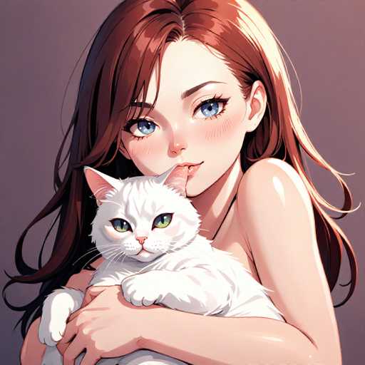 This detailed illustration features a young woman with long, flowing red hair that cascades down her back, partially covering her right shoulder. She has striking blue eyes and a fair complexion, with a subtle blush accentuating her cheeks. Her lips are slightly parted, revealing a glimpse of her teeth. The woman is holding a white cat with green eyes and pink ears close to her face, almost as if she is whispering something to it. The cat's paws rest on her right arm, adding to the intimate and tender moment captured in the image. The background is a muted gray, which helps to emphasize the vibrant colors of the woman and the cat. The overall composition exudes a sense of warmth and affection between the woman and her feline companion.