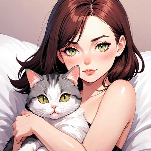 The image depicts a detailed, anime-style drawing of a young woman with shoulder-length brown hair, adorned with a few strands that fall over her forehead. She has striking green eyes, a small button nose, and pink lips. Her face is framed by delicate features, including a slight blush on her cheeks. She is wearing a black tank top and is lying on a white pillow, her head resting on her left hand. In her right arm, she cradles a gray and white cat, which has green eyes, pink ears, and a pink nose. The cat's fur is predominantly gray on top with white underneath. The background of the image is a light brown, adding a warm tone to the overall composition.