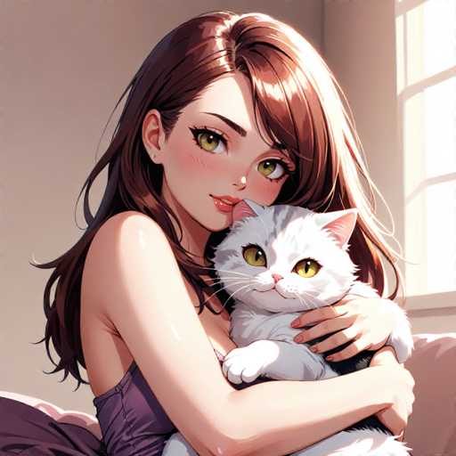 In this captivating anime-style illustration, a young woman with long, flowing brown hair and striking green eyes is depicted sitting on a couch. She is wearing a purple dress that complements her fair complexion. The woman is holding a white cat with yellow eyes, which appears to be smiling contentedly. Sunlight streams through a window on the right side of the image, casting a warm glow on the scene and highlighting the woman's hair. The background is a simple beige wall, keeping the focus on the tender moment between the woman and her feline companion.